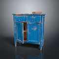 Vintage Blue Distressed Wood Cabinet With Open Doors And Drawers Detail