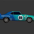 Blue Vintage Modified Race Car With POTSYNA Lettering Number 88 And Rear Spoiler