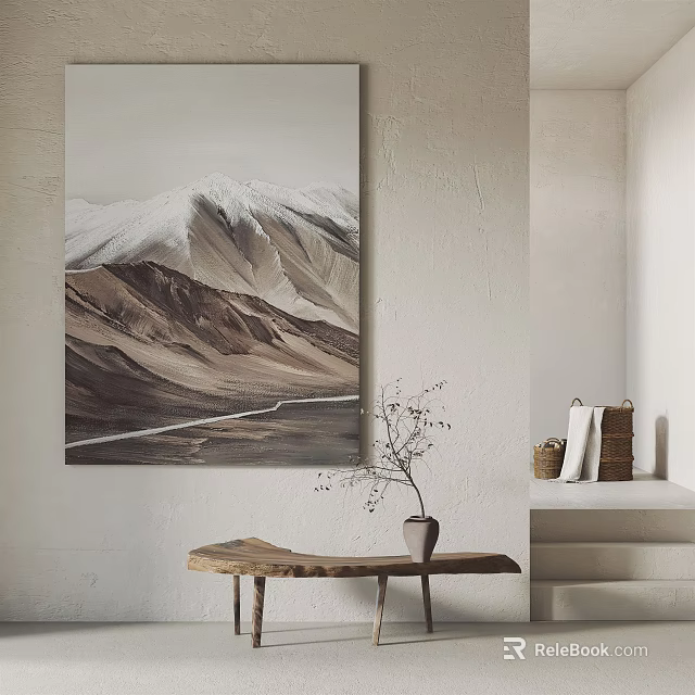 Minimalist Interior With Mountain Desert Landscape Painting Hanging On Wall Wooden Table Vase Dried Branches 3d model 