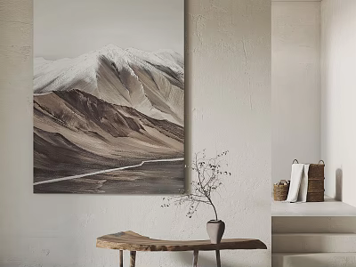 Minimalist Interior With Mountain Desert Landscape Painting Hanging On Wall Wooden Table Vase Dried Branches 3d model