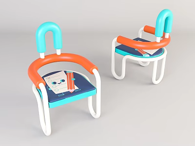 Colorful Kids Leisure Chairs With Blue Orange Armrests White Legs And Cartoon Book Colored Pencils 3d model