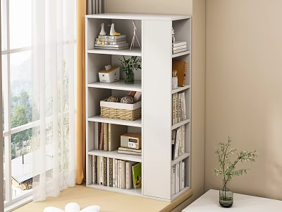 White Multi tiered Bookshelf with Books Decorative Items and Storage Baskets in Bright Living Room 3d model