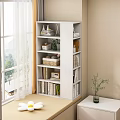White Multi tiered Bookshelf with Books Decorative Items and Storage Baskets in Bright Living Room