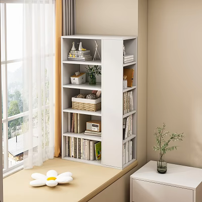 White Multi tiered Bookshelf with Books Decorative Items and Storage Baskets in Bright Living Room 3d model