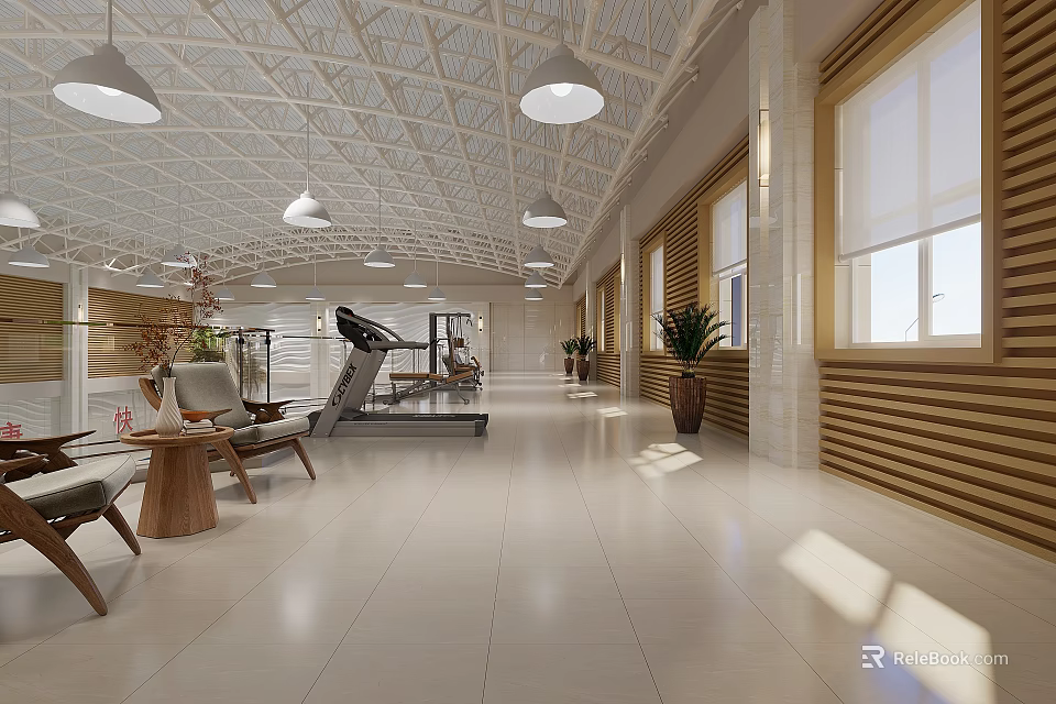 Spacious Bright Fitness Gym Interior With Equipment And Lounge Area 3d model 