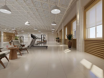 Spacious Bright Fitness Gym Interior With Equipment And Lounge Area 3d model