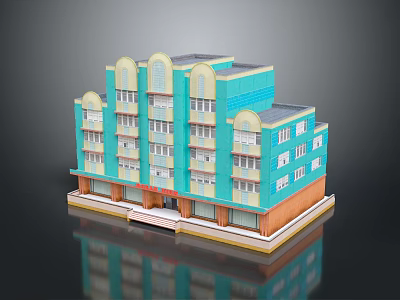 Cartoon Style Building With Blue Orange Facade Multiple Floors Balconies And Windows 3d model