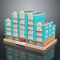 Cartoon Style Building With Blue Orange Facade Multiple Floors Balconies And Windows