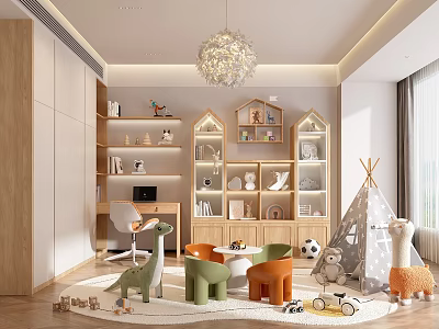 Children's Room Interior With Wooden Bookshelves Colorful Chairs Toys Teepee And Chandelier 3d model