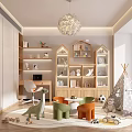 Children's Room Interior With Wooden Bookshelves Colorful Chairs Toys Teepee And Chandelier