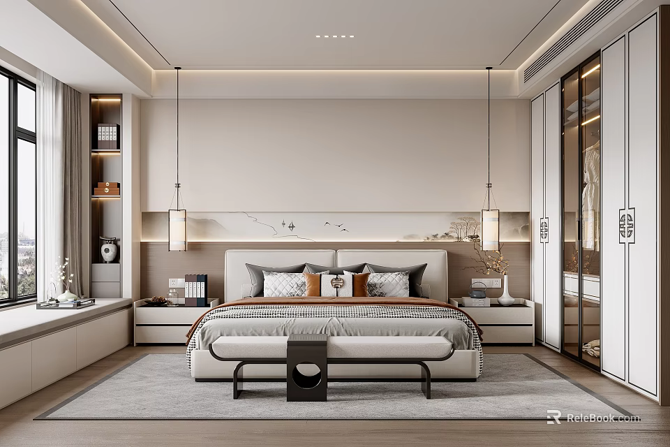 Modern Bedroom Interior Design With Beige Walls Bedhead Decor Pendant Lights Nightstands And Rug 3d model 