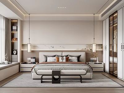 Modern Bedroom Interior Design With Beige Walls Bedhead Decor Pendant Lights Nightstands And Rug 3d model
