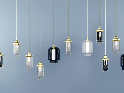 Modern Stylish Pendant Lights With Gold Black Glass Shades On Blue Background 3d model