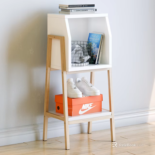 White Wooden Hallway Cabinet Sideboard With Shelves Orange Nike Box White Sneakers Metal Basket 3d model 