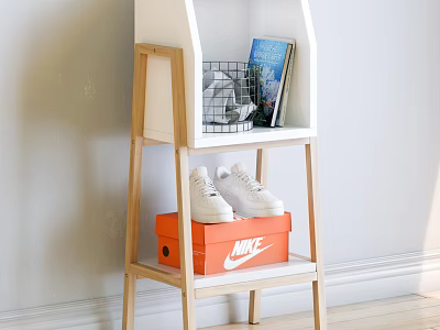 White Wooden Hallway Cabinet Sideboard With Shelves Orange Nike Box White Sneakers Metal Basket 3d model