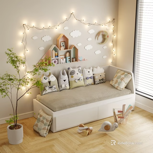 Cozy Kids Bed With Cartoon Cushions Home Sign Cloud Moon Decorations String Lights And Toys 3d model 