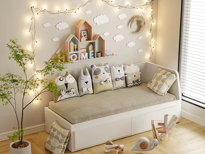 Cozy Kids Bed With Cartoon Cushions Home Sign Cloud Moon Decorations String Lights And Toys 3d model
