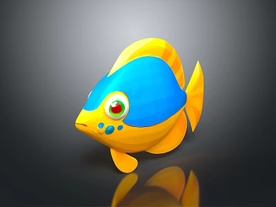 Cute Cartoon Fish Yellow And Blue With Red Eyes Blue Spots On Dark Background Reflection 3d model