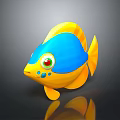 Cute Cartoon Fish Yellow And Blue With Red Eyes Blue Spots On Dark Background Reflection
