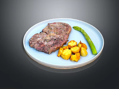 Juicy Grilled Steak with Golden Roasted Potatoes and Fresh Asparagus on Blue Plate 3d model