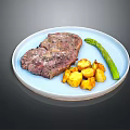 Juicy Grilled Steak with Golden Roasted Potatoes and Fresh Asparagus on Blue Plate