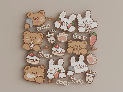 Cute Cartoon Bear And Bunny Stickers With Carrot Cake Drink Paw Print And Happy Text 3d model