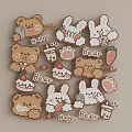 Cute Cartoon Bear And Bunny Stickers With Carrot Cake Drink Paw Print And Happy Text