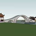 Chinese Style Landscape Arch Bridge with Traditional Pavilions Water View and Green Landscape