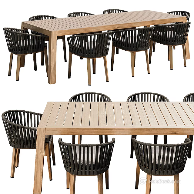 Outdoor Table with Wooden Top and Black Woven Chairs Modern Garden Furniture 3d model 