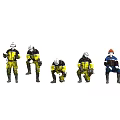 Multiple Workers in Colorful Safety Uniforms with Protective Gear and Equipment