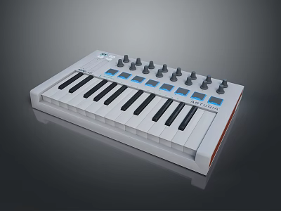 Electronic Music Synthesizer With Black White Keyboard Keys And Control Knobs 3d model