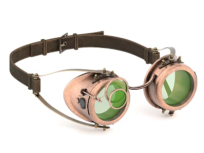 Steampunk Style Copper Colored Goggles With Green Lenses And Leather Strap 3d model