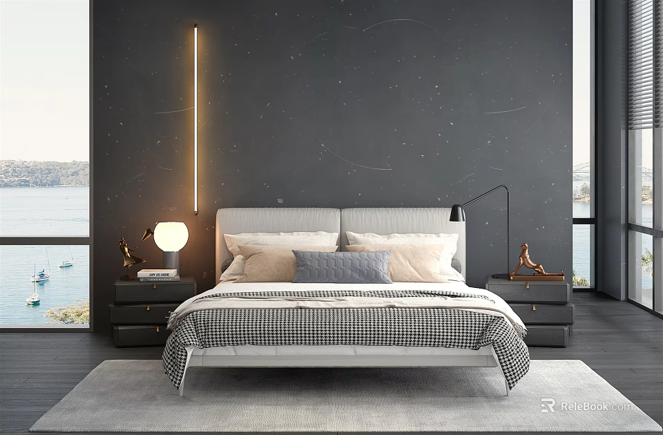 Background Double Bed In Modern Bedroom With Dark Wall Bedside Lamp Nightstand And Plush Pillows 3d model 
