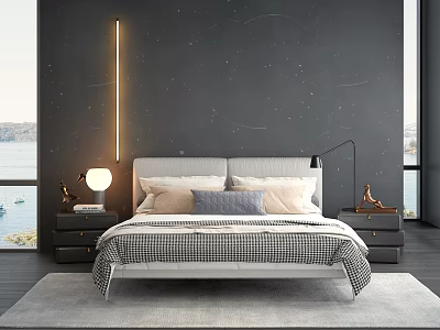 Background Double Bed In Modern Bedroom With Dark Wall Bedside Lamp Nightstand And Plush Pillows 3d model