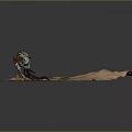 Game Movie Character With Large Blue Yellow Striped Backpack Red Headscarf Standing In Sandy Terrain