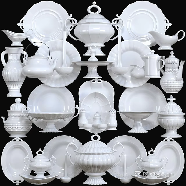 Elegant White Ceramic Tableware Set with Plates Bowls Teapots and Serving Dishes 3d model 