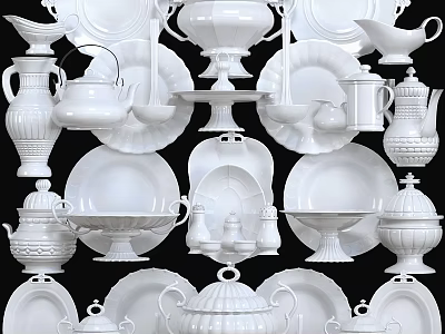 Elegant White Ceramic Tableware Set with Plates Bowls Teapots and Serving Dishes 3d model