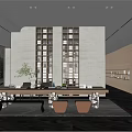 Modern Clubhouse Interior With Spacious Layout Long Wooden Table And Green Plant