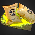 Warning Danger Hazardous Material Bags With Spilled Yellow Substance On Surface