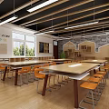School Learning Space With Long Tables Orange Chairs Wooden Floor Large Windows And Projector