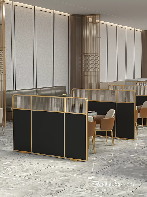 Black And Gold Room Dividers In Modern Luxury Restaurant Lounge With Sofa And Chairs 3d model 