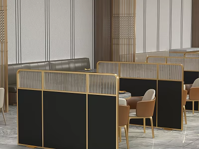 Black And Gold Room Dividers In Modern Luxury Restaurant Lounge With Sofa And Chairs 3d model