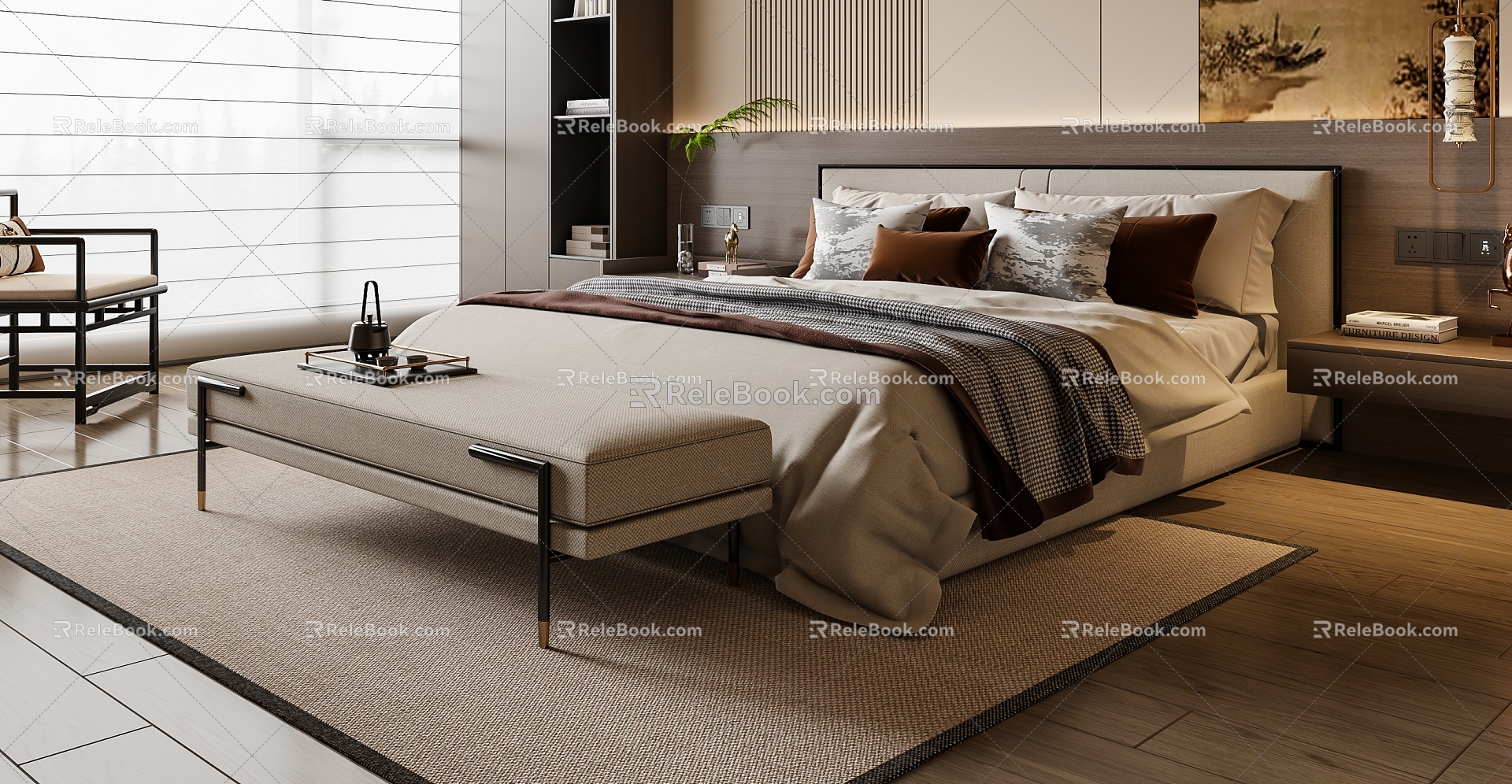 New Chinese Double Bed Fabric Double Bed 3d model