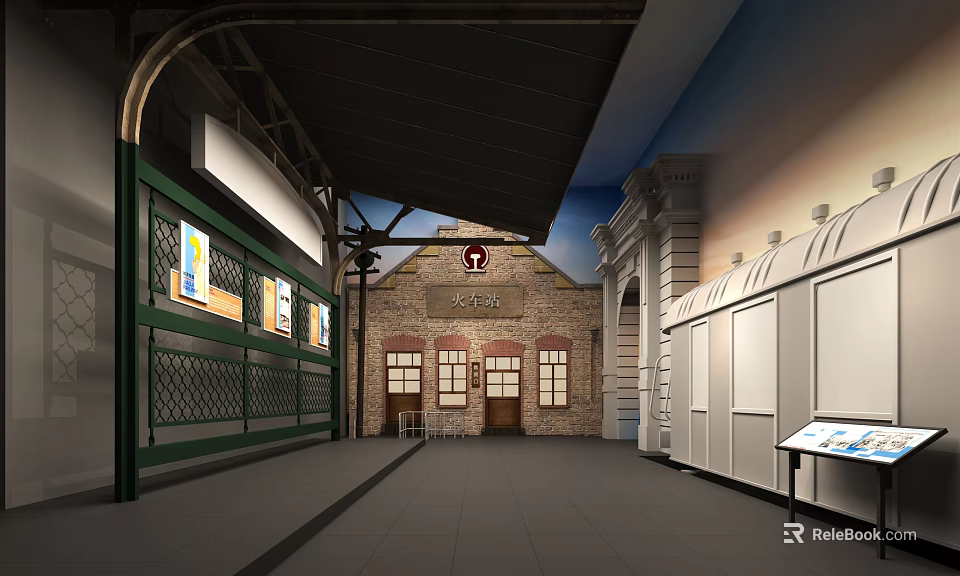 Historic Station Corridor With Brick Building Arched Structure And Display Boards 3d model 