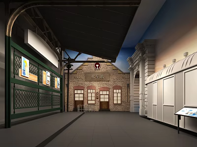 Historic Station Corridor With Brick Building Arched Structure And Display Boards 3d model