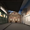 Historic Station Corridor With Brick Building Arched Structure And Display Boards 3d model