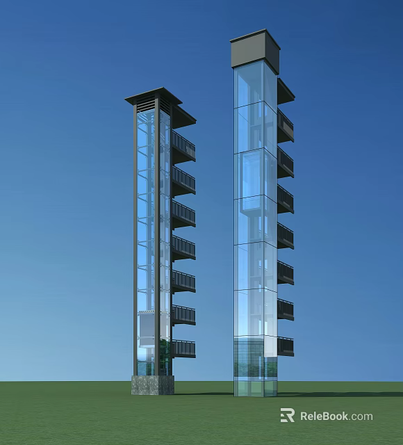 External Glass Elevator On Modern High Rise Building With Transparent Design And Balconies 3d model 
