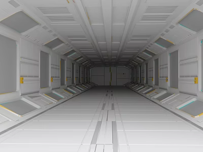 Futuristic White Corridor Interior With Metal Lines Symmetrical Design And Illuminated Light Strips 3d model