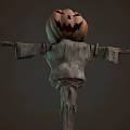 Spooky Halloween Pumpkin Head Scarecrow With Tattered Clothes On Wooden Pole