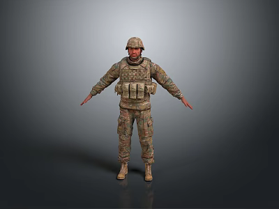 3D Military Soldier Model In Camouflage Uniform With Helmet Tactical Vest And Outstretched Arms 3d model